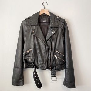 ZARA Black Moto Biker Jacket Genuine Leather size Medium